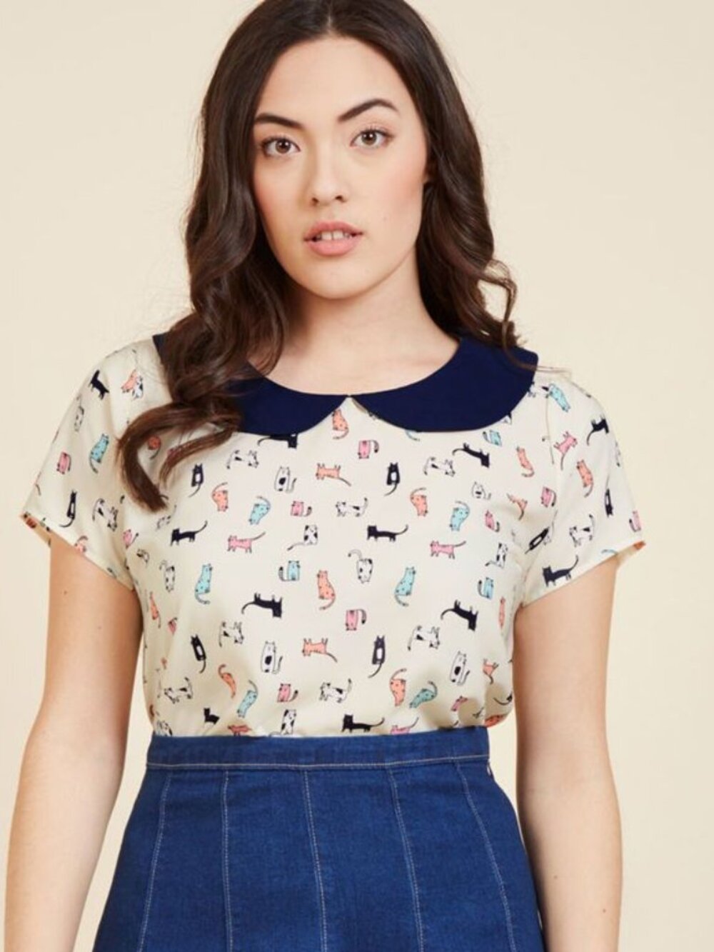 Modcloth Jessy B Cat Print Peter Pan Collar Blouse